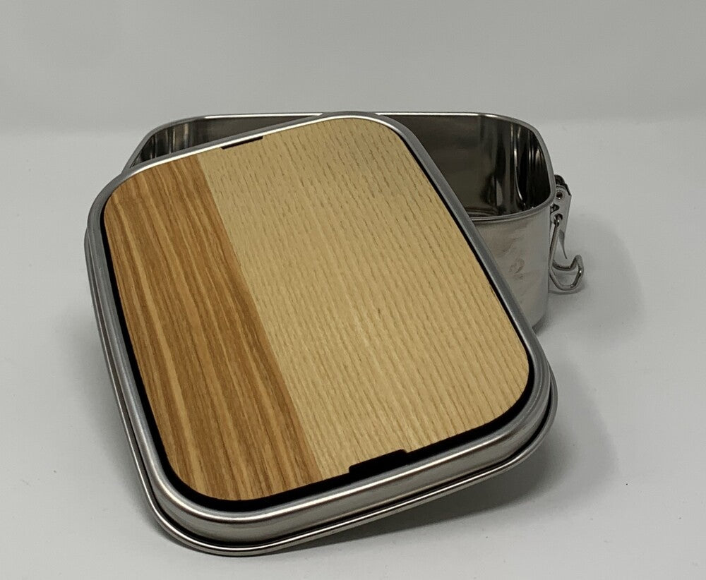 Edelstahl Jausenbox mit Holzschneidebrett in Esche