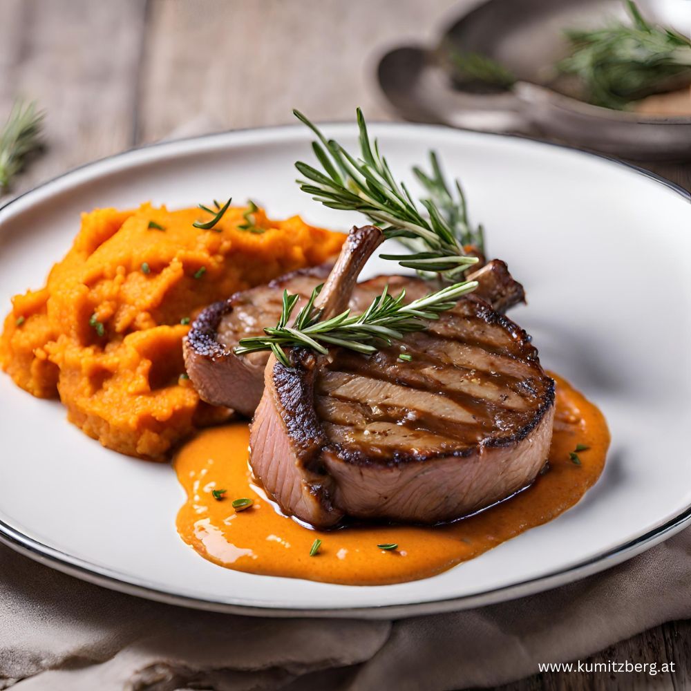 Hirschkoteletts mit Orangen-Rosmarinsoße mit Süßkartoffelpüree - Kumitzberg.at